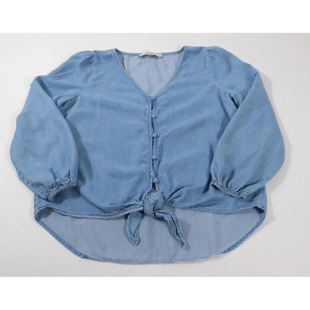 LOFT Blouse Womens SP Blue Chambray Lyocell Tie Front Button‎ V-Neck Top Boho